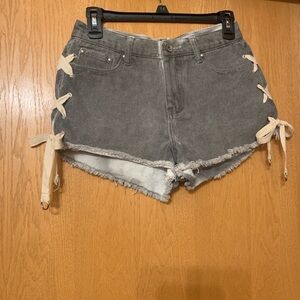 POL Gray Jean Shorts with Cream Lace-Up Sides